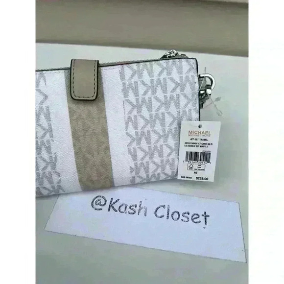 Michael Kors Double Zip Wristlet MK Signature Stripe JetSet Light Sand Multi - Picture 6 of 8